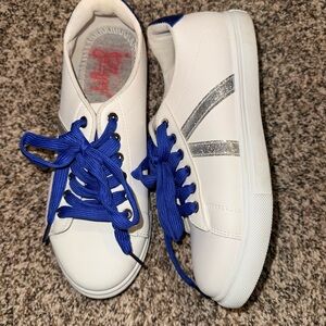 Jellypop White Sneakers with Blue Laces and Silver Stripes
